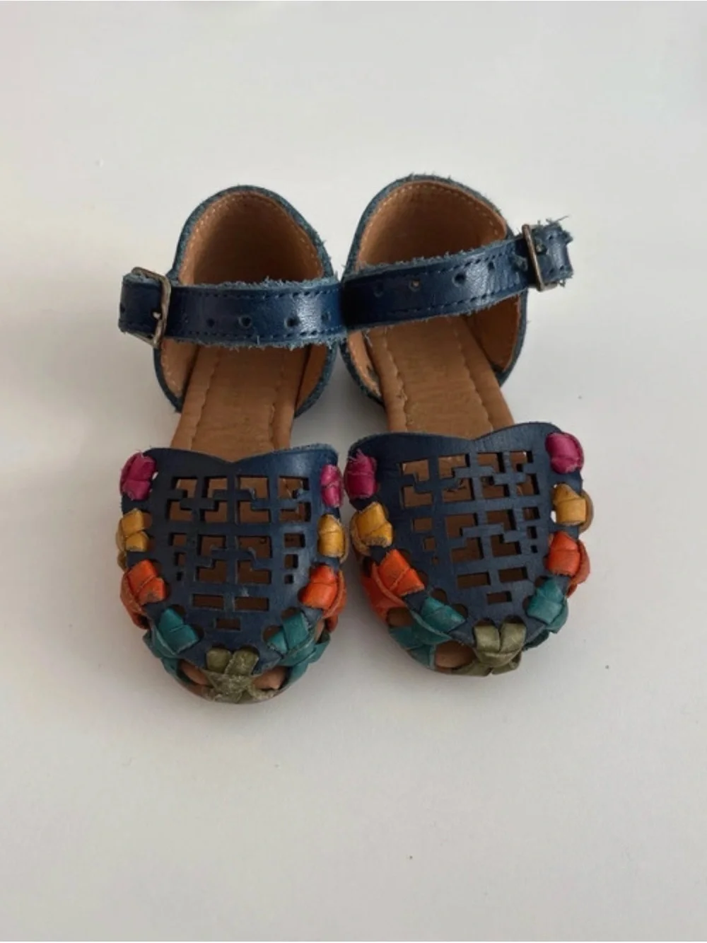 Kids Navy Leather Mary Jane Sandals with Multicolor Braided Accents 2